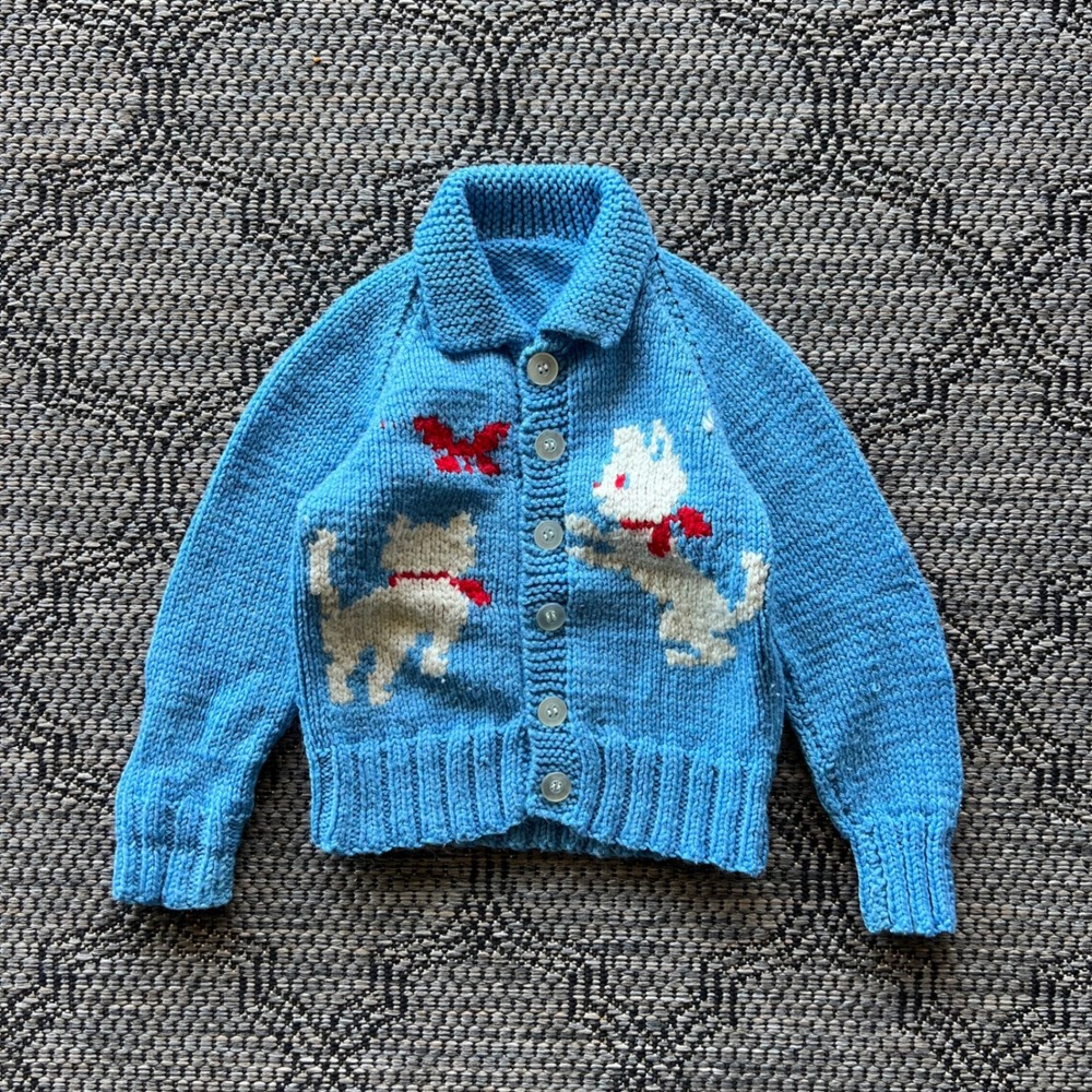 Vintage Handmade Sweater‎ Kids 2T-3T Blue Kitten Cardigan Knit Sweater 70s